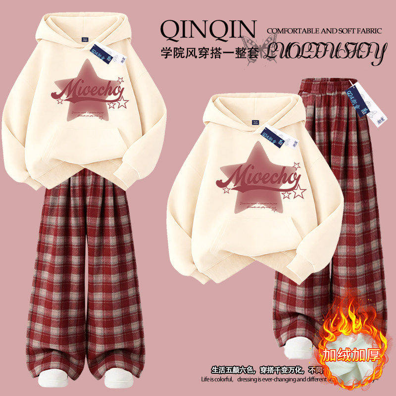 五角星洋气女童加绒连帽卫衣格子裤套装中大童秋冬装保暖两件套潮,童装/婴儿装/亲子装,套装,淘宝优惠券,粉丝福利购,淘宝优惠卷