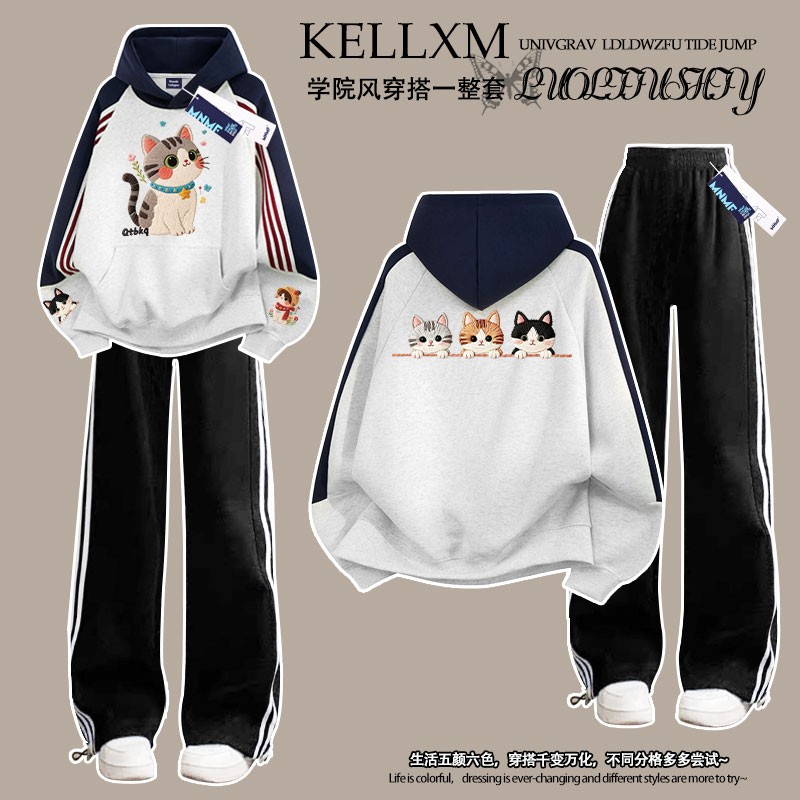 2025秋冬新款卡通仿刺绣猫咪女童三条杠连帽卫衣裤子中大童两件套