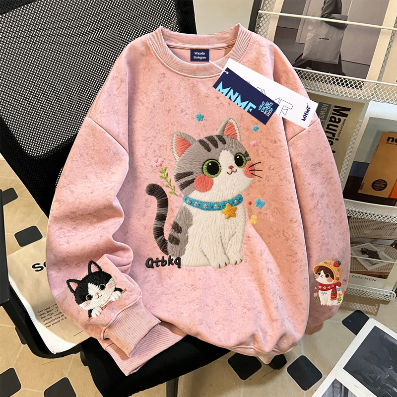 女童洋气可爱猫咪仿刺绣2025春秋季扎染圆领卫衣中学生时髦百搭潮
