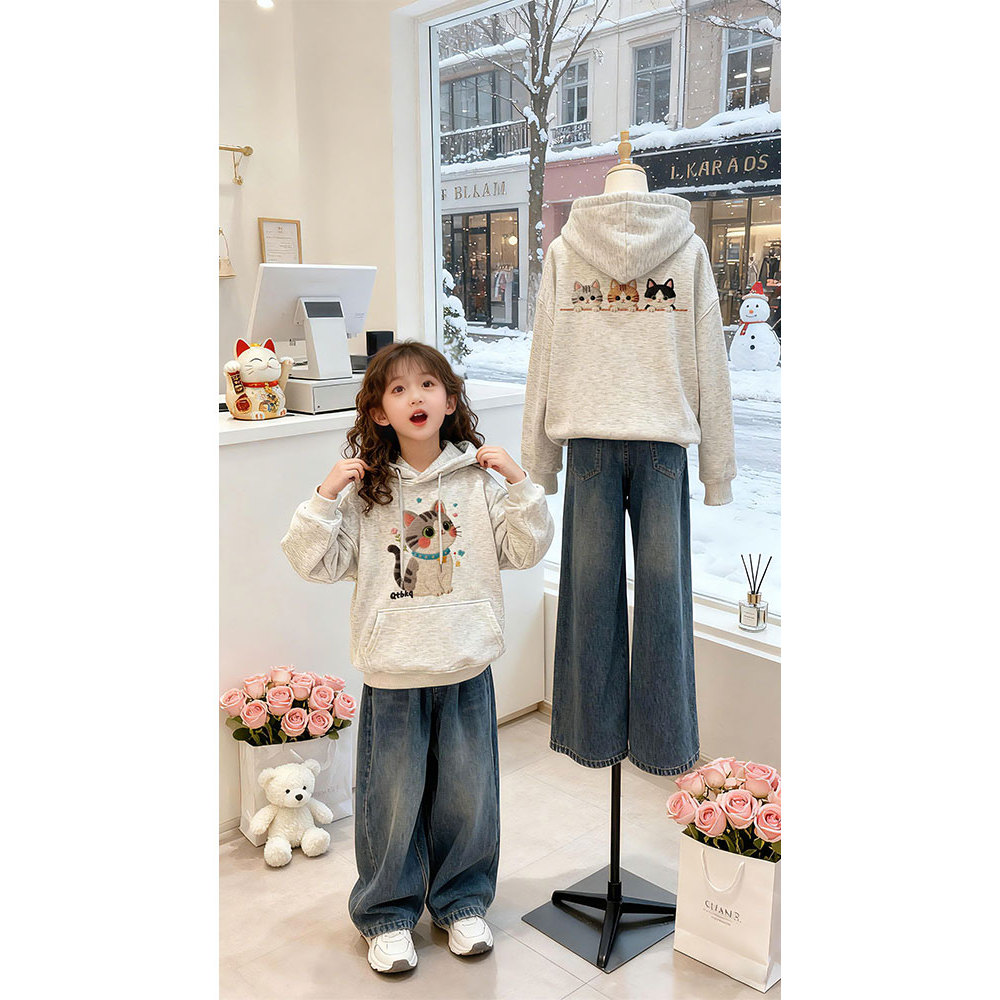 女童秋冬新款保暖连帽卫衣卡通小猫中大童洋气百搭仿刺绣加绒上衣