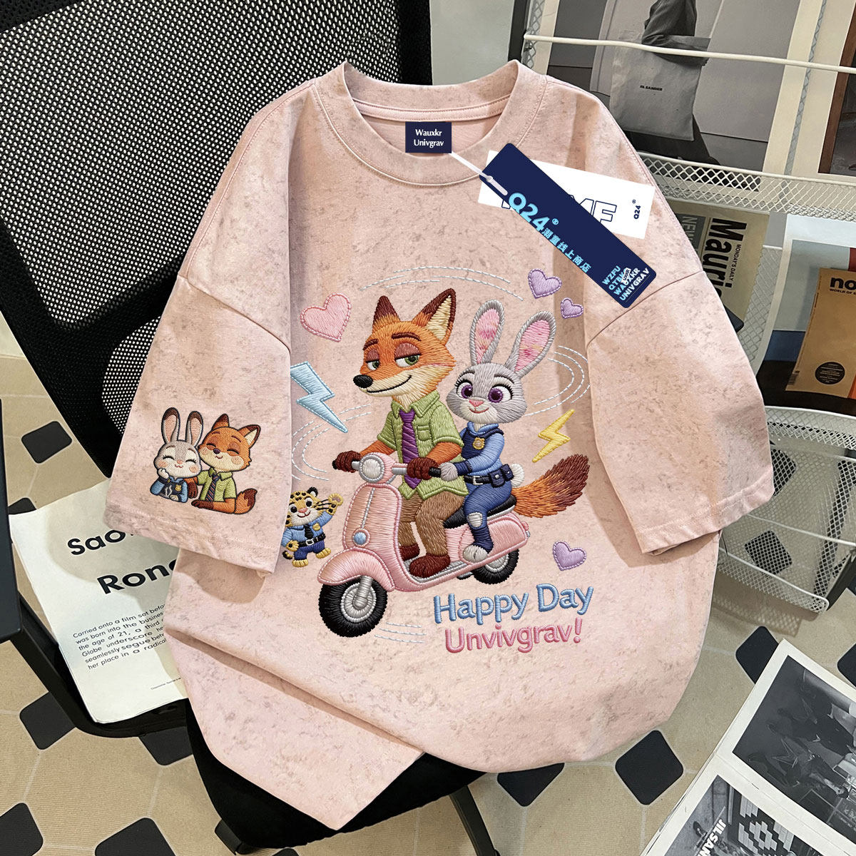 100%纯棉疯狂动物城仿刺绣扎染短袖夏季款百搭休闲初中生上衣ins