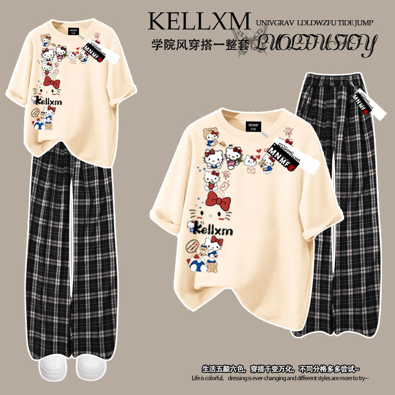 2026夏季kt猫咪洋气印花女童纯棉短袖t恤格子裤套装中大童时尚ins