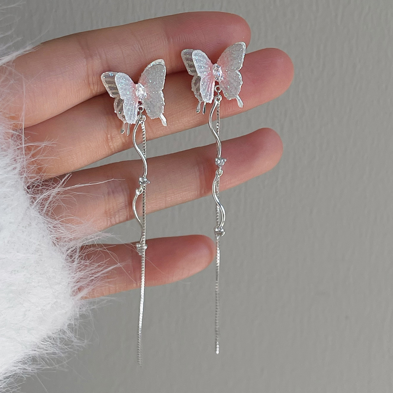 渐变蝴蝶长款显瘦925银针耳环女