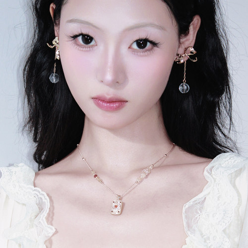 透明玻璃球蝴蝶结流苏链条耳钉女