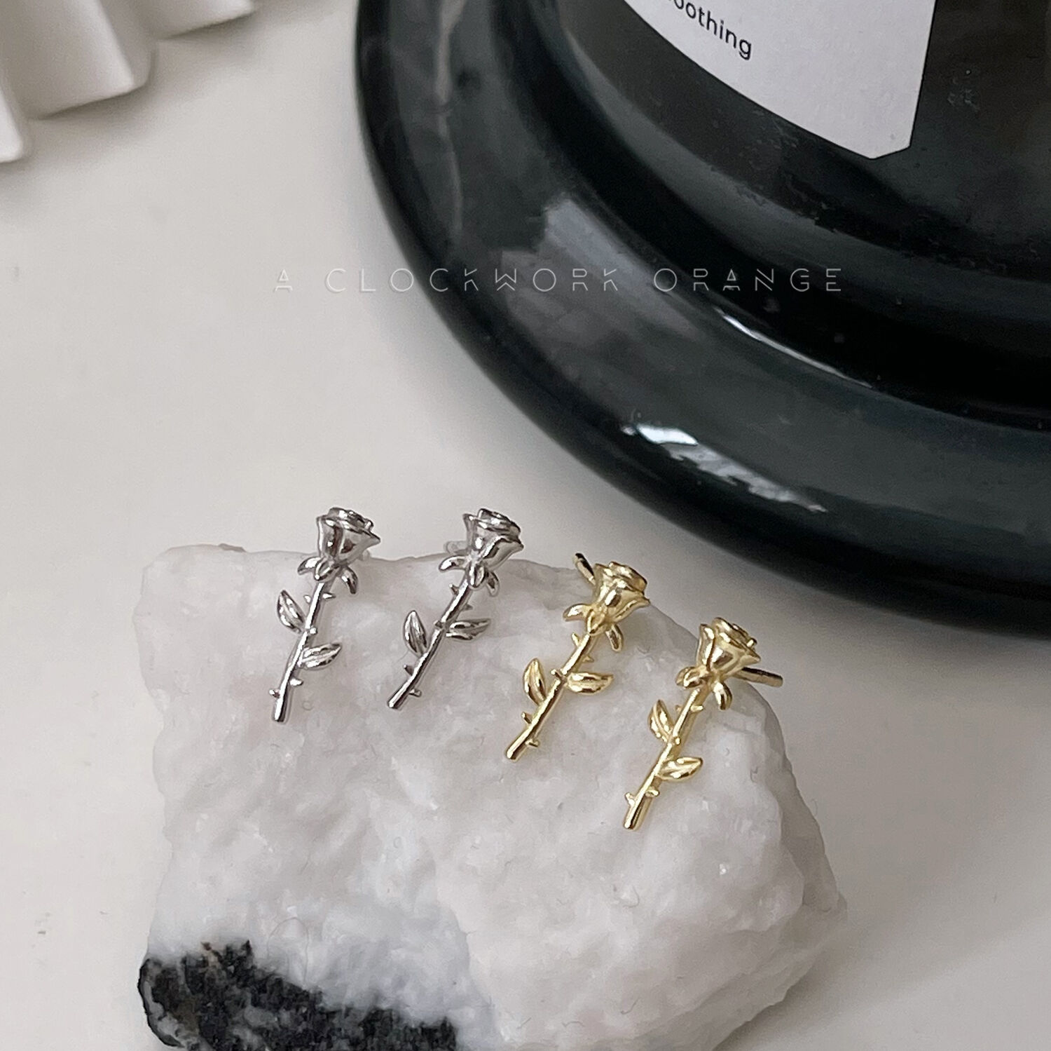 通体925银金银小玫瑰养耳朵耳钉