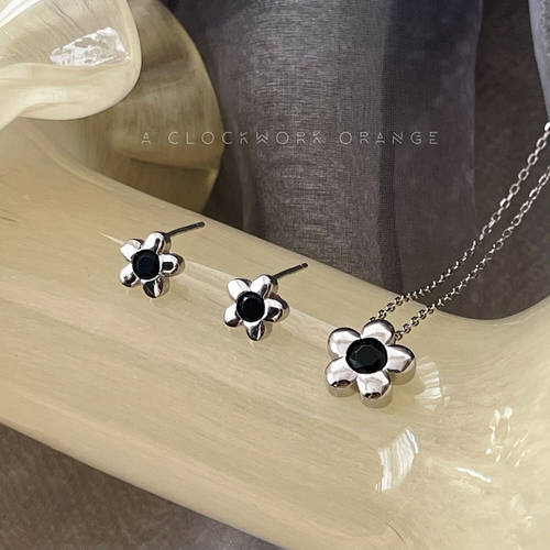 通体925银小花拼色耳钉简约项链