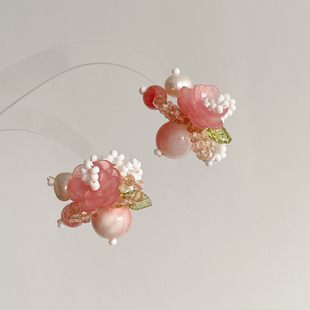 「春桃」手作串珠耳钉项链戒指天然石粉色系花朵渐变可爱气质套装