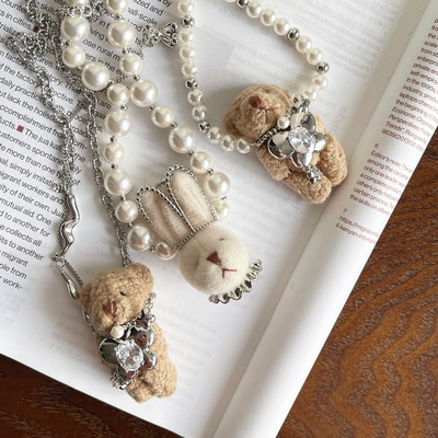 毛绒立体小熊兔子珍珠毛衣项链女