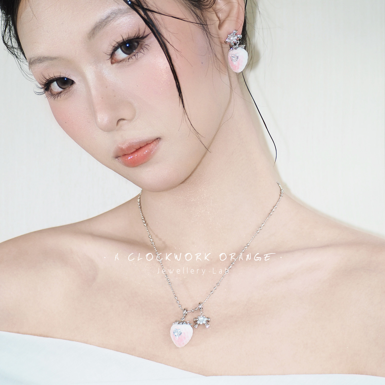 粉草莓耳钉项链套装925银针叠戴