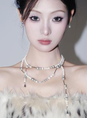 多层灰白珍珠流苏项链轻复古气质