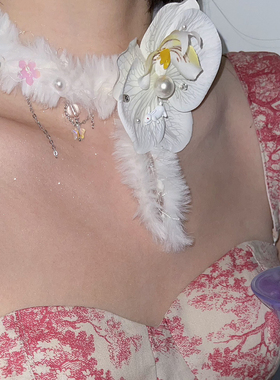毛绒绒白色蝴蝶兰项链choker女