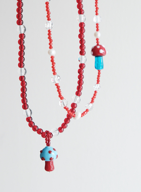 彩色波点蘑菇串珠项链手作琉璃