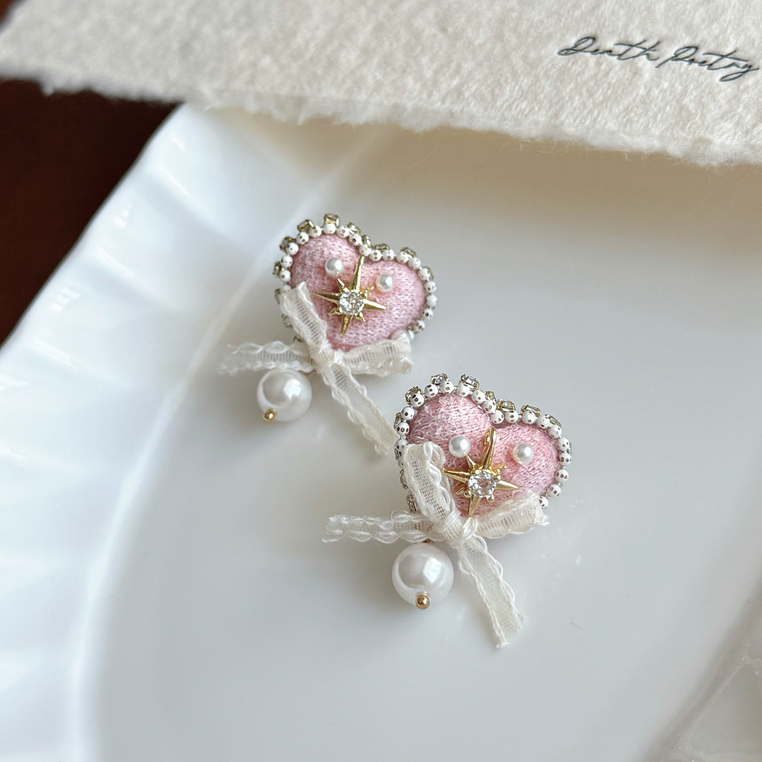 原创手作蝴蝶结丝带爱心珍珠耳钉