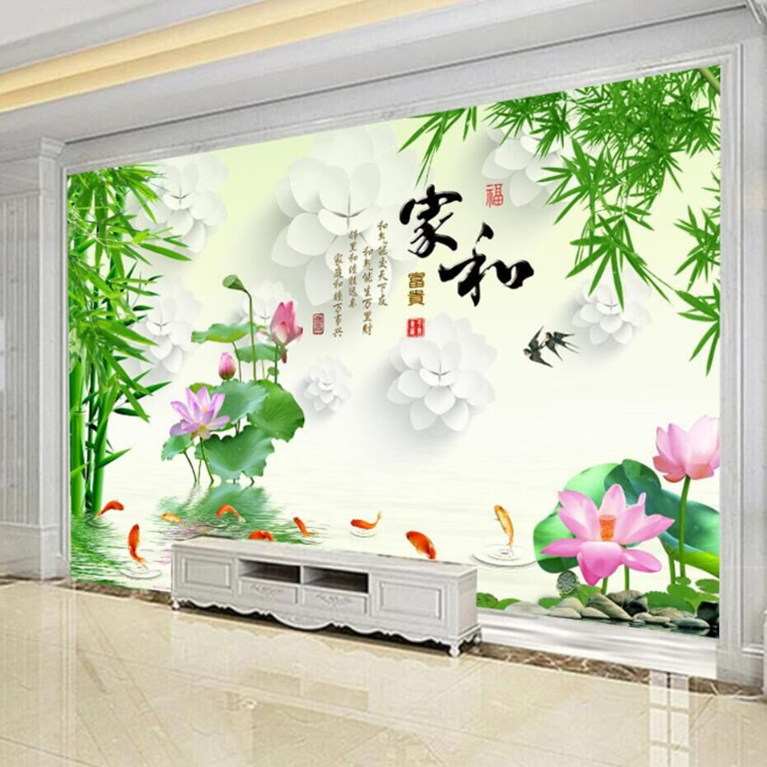 现代中式8d立体壁画莲花竹子九鱼富贵客厅装饰墙布电视背景墙壁纸图片