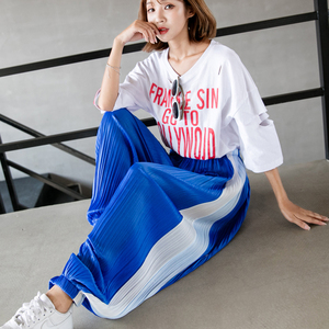 夏季宽松运动裤套装雪纺百褶灯笼裤紫色萝卜裤网红阔腿裤子两件套