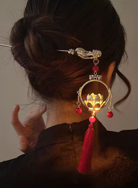 发光发簪步摇带灯簪子宫灯凉亭灯笼流苏摆摊发饰汉服宫廷古风头饰