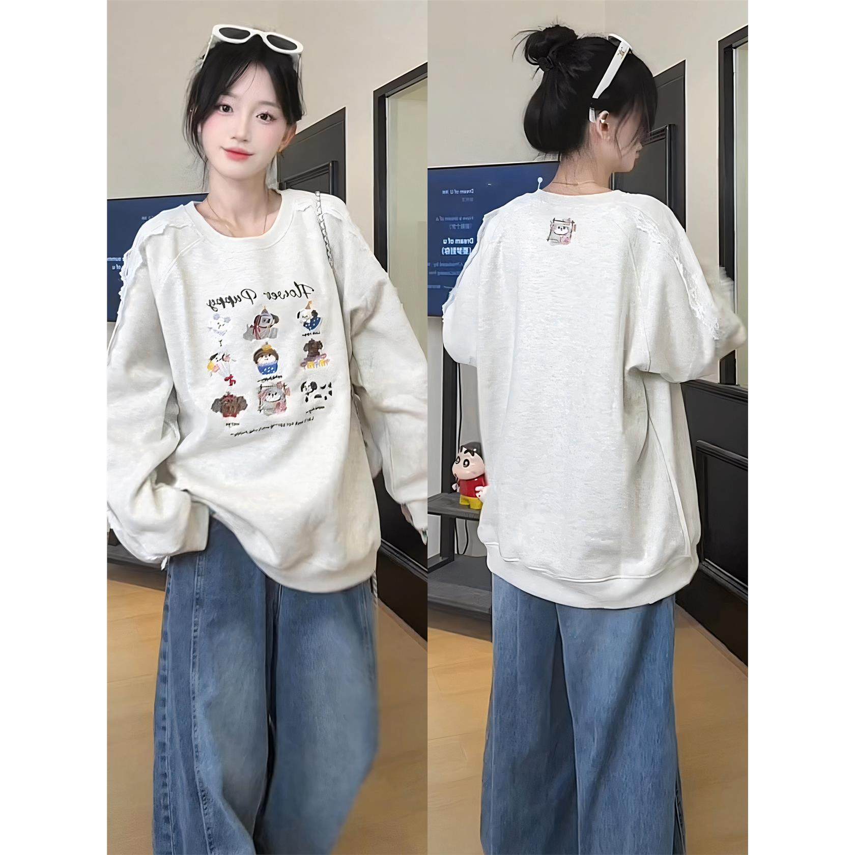 灰色小狗刺绣卫衣女2025新款秋季蕾丝拼接宽松慵懒风无帽圆领上衣