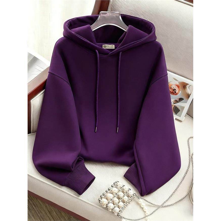 紫色连帽卫衣女宽松加绒2025新款秋冬纯色洋气百搭小个子薄款外套