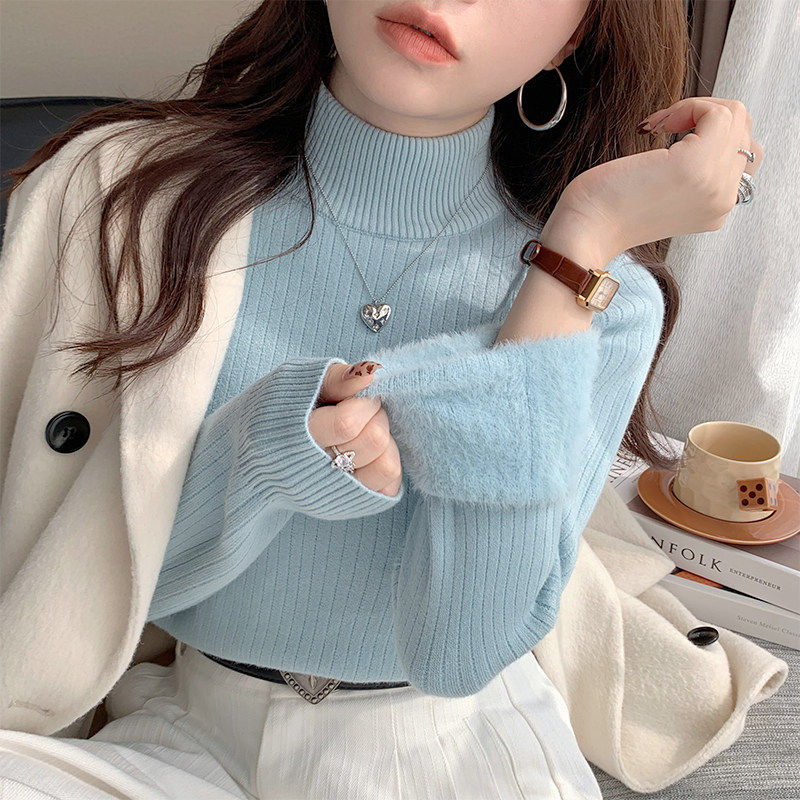 蓝色毛衣女秋冬高级感2025新款半高领加绒打底衫东北冬季内搭上衣