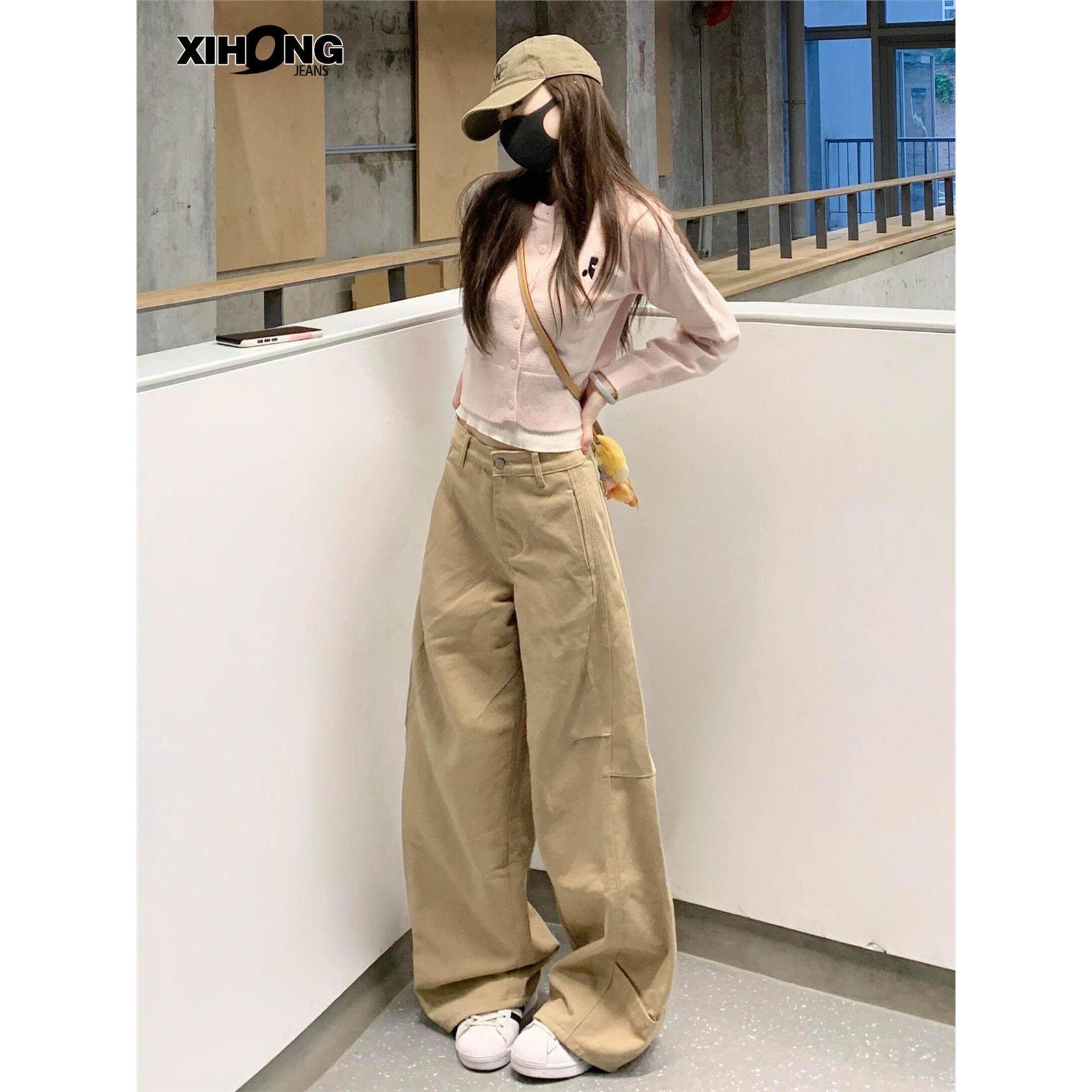 美式覆古卡其色阔腿牛仔裤女秋季款高腰宽松显瘦小个子休闲拖地裤