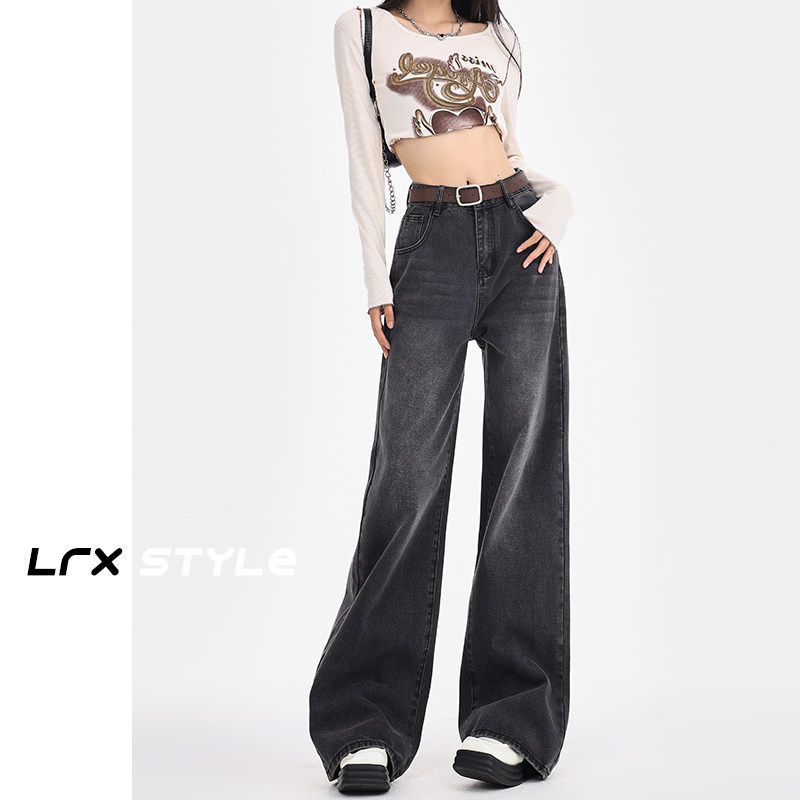 黑灰色直筒牛仔裤女美式高腰宽松夏季薄款显瘦阔腿裤子2025年新款