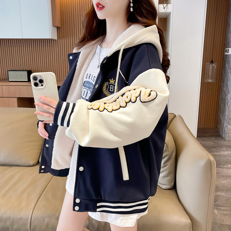 羊羔毛卫衣外套女秋冬加绒加厚棉服2025新款初高中学生大童棒球服