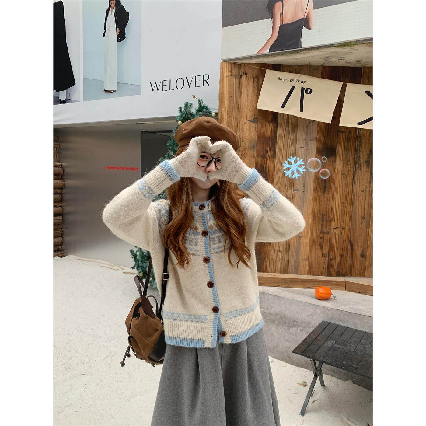 熊大王【冬日马卡龙】小个子韩系费尔岛奶油色针织开衫慵懒毛衣