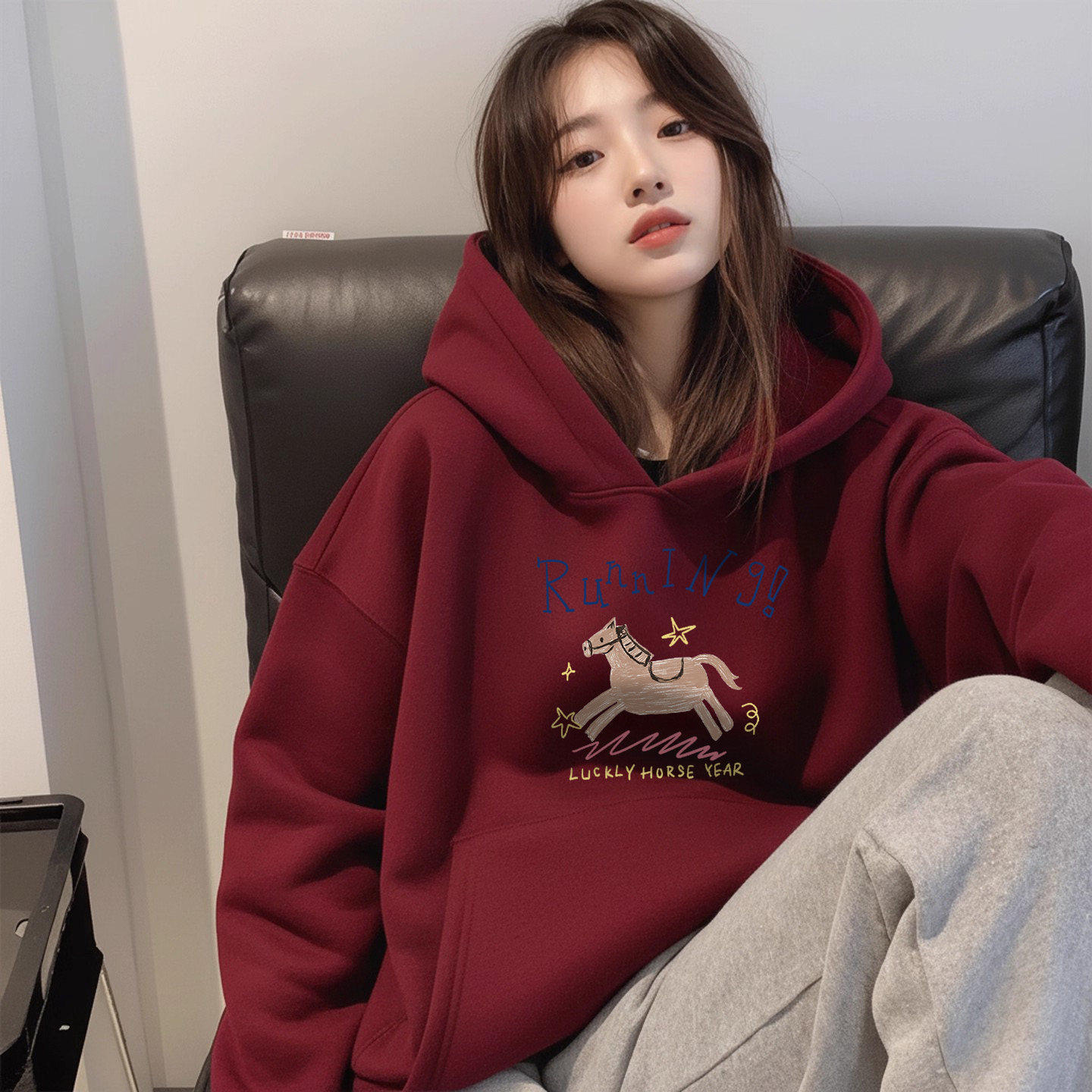 本命年红色卫衣连帽女2026新款加绒加厚上衣马年新年衣服外套冬季