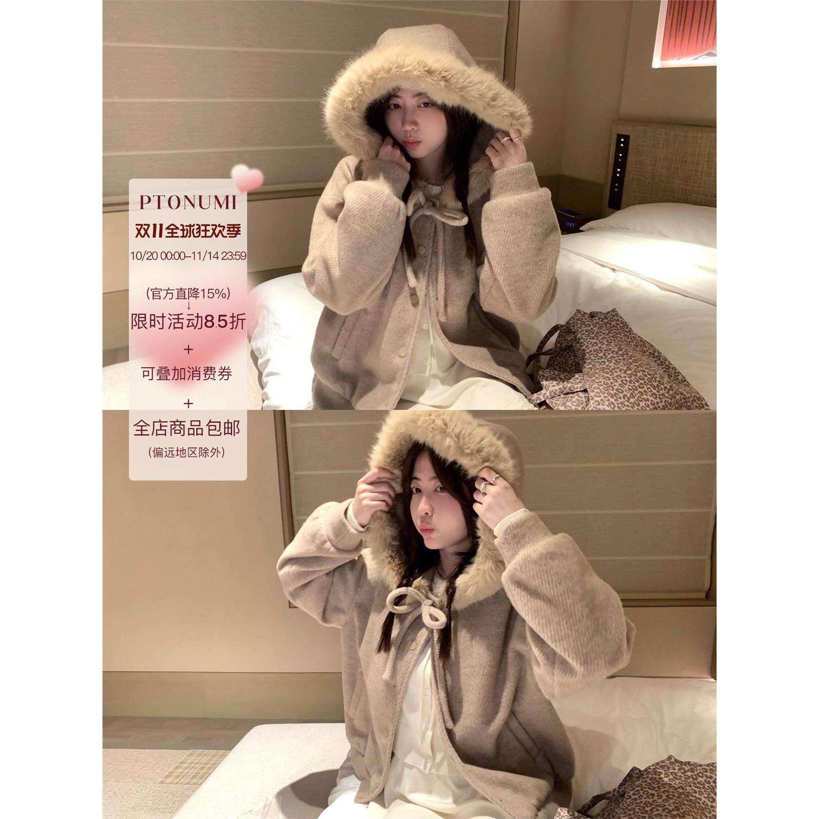 燕麦暖绒蝴蝶结绑带毛领连帽毛呢厚外套女冬季加厚高级感棉服冬装