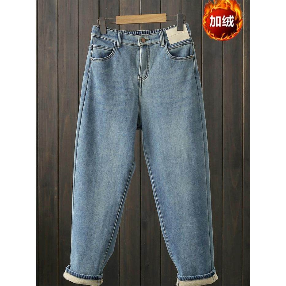 秋冬大码100公斤浅蓝色天鹅绒加厚后宫牛仔裤覆古宽松休闲爸爸胡