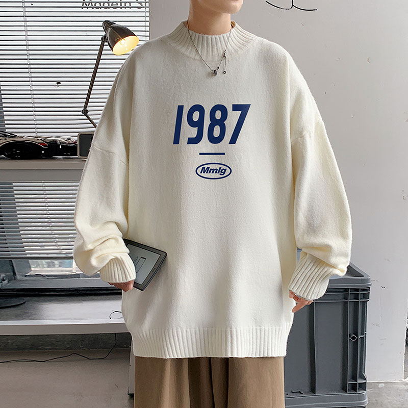 21新款港风1987几物风宽松半高领毛衣圆领加绒加厚针织衫P48-控68图片