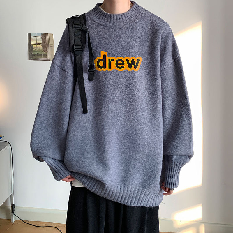 2024新款港风DREW宽松大码半高领毛衣男女圆领加绒加厚针织衫P48,男装针织衫/毛衣,星座508（原C305）