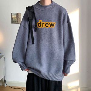 2024新款港风DREW宽松大码半高领毛衣男女圆领加绒加厚针织衫P48图片