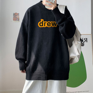 2024新款港风DREW宽松大码半高领毛衣男女圆领加绒加厚针织衫P48图片