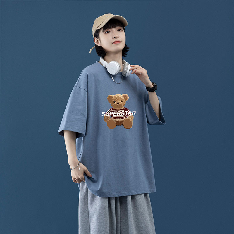 2024夏季新款宽松大码中性风毛绒熊运动短袖男女纯棉T恤T1905-P25,男装T恤,星座508（原C305）