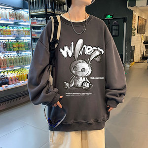 21秋季新款港风涂鸦兔宽松大码OVERSIZE休闲男女圆领卫衣P35-控48图片