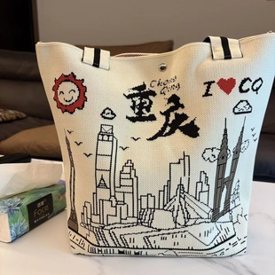 新款 百搭杂物袋双面印花 熊猫针织单肩包国风大容量磁扣托特包时尚