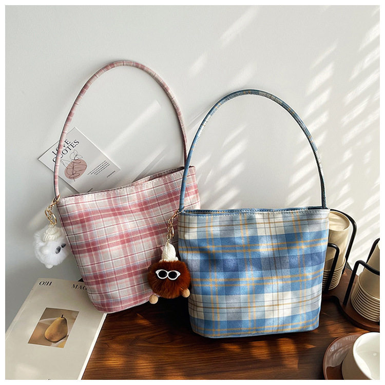 新款格子帆布包女大容量单肩手提托特包学生上课通勤包休闲单肩包