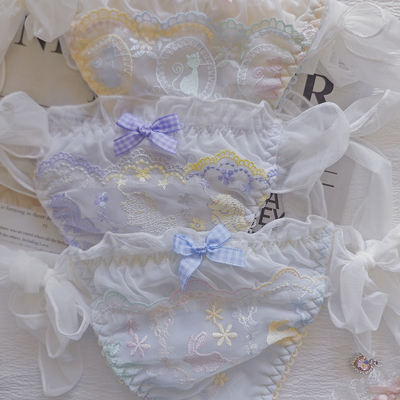 *萌宠总动员*日系冰丝猫猫刺绣女生T裤纯欲丁字裤少女兔子花朵丁