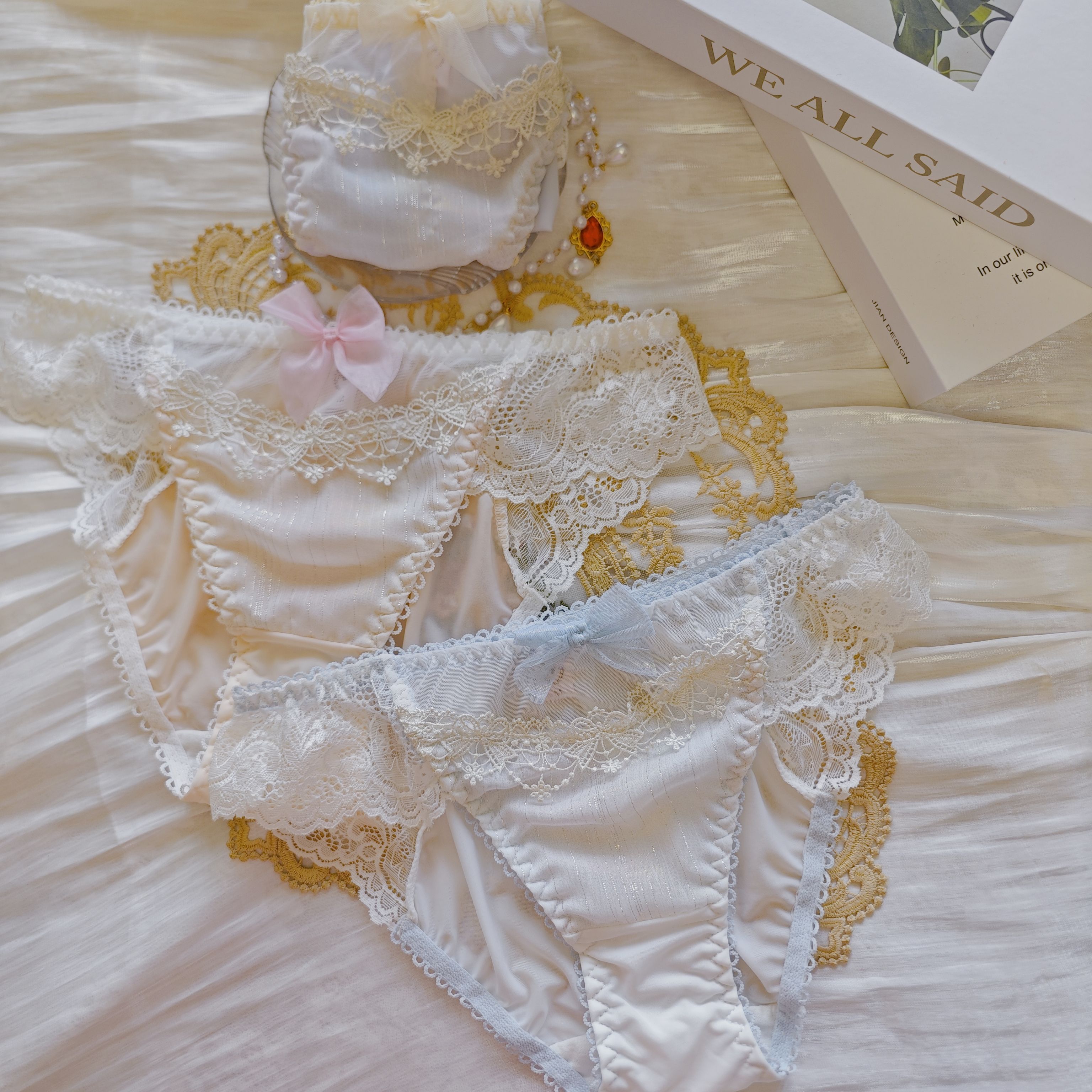 日系冰丝宫廷水溶蕾丝拼接蝴蝶结女士内裤丝线亮闪雪纺少女内裤