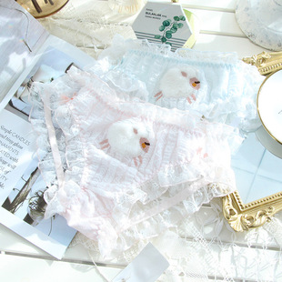 日系春季新品毛绒刺绣睡眠羊可爱内裤女蕾丝纯欲透明大少女码三角