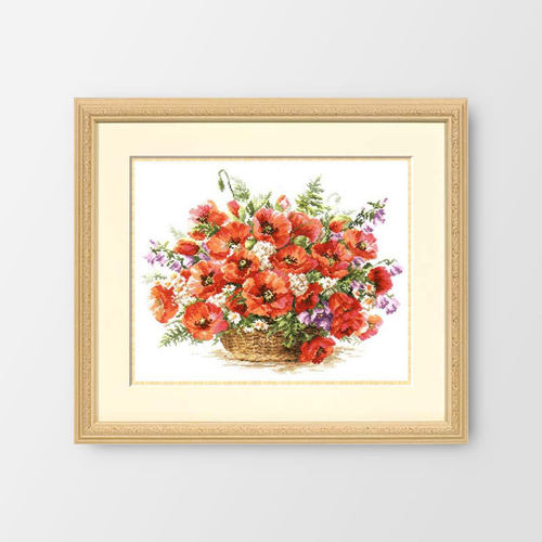R线小小鱼精准印花十字绣套件 B1069虞美人花篮花卉图案