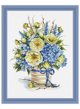 DMC线小小鱼十字绣套件 B1575蓝色花束手工刺绣花卉精准印花客厅