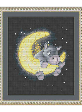 DMC线小小鱼十字绣新品 D981月亮河马 卡通动漫黑色绣布手工刺绣