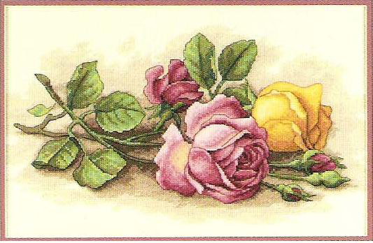 DMC线粉色黄色花卉十字绣 T042玫瑰花枝典雅唯美客厅乳白绣布
