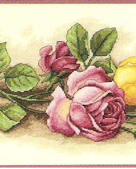 DMC线粉色黄色花卉十字绣 T042玫瑰花枝典雅唯美客厅乳白绣布