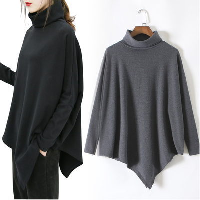 2025打底衫女韩版潮流新品秋冬中长款不规则蝙蝠宽松胖MM高领T恤