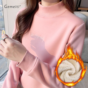 冬季新款半高领羊羔绒加厚套头卫衣女装加绒保暖正肩打底衫女内搭