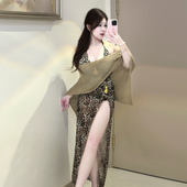 性感纯欲豹纹挂脖披肩连体泳衣女三件套长裙不对称开叉辣妹风泳衣