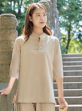 特卖素衣棉麻女夏中国风居士服打坐冥想服装白色禅服中式套装定制